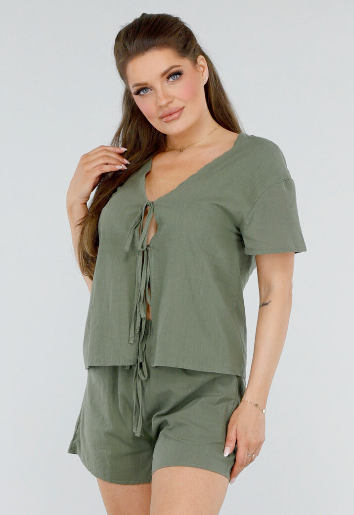 Katoenen Khaki Tweedelige Set met Dubbele Strik en Short