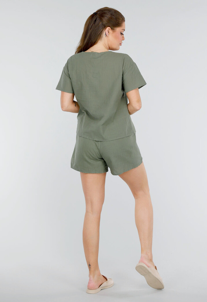 Katoenen Khaki Tweedelige Set met Dubbele Strik en Short