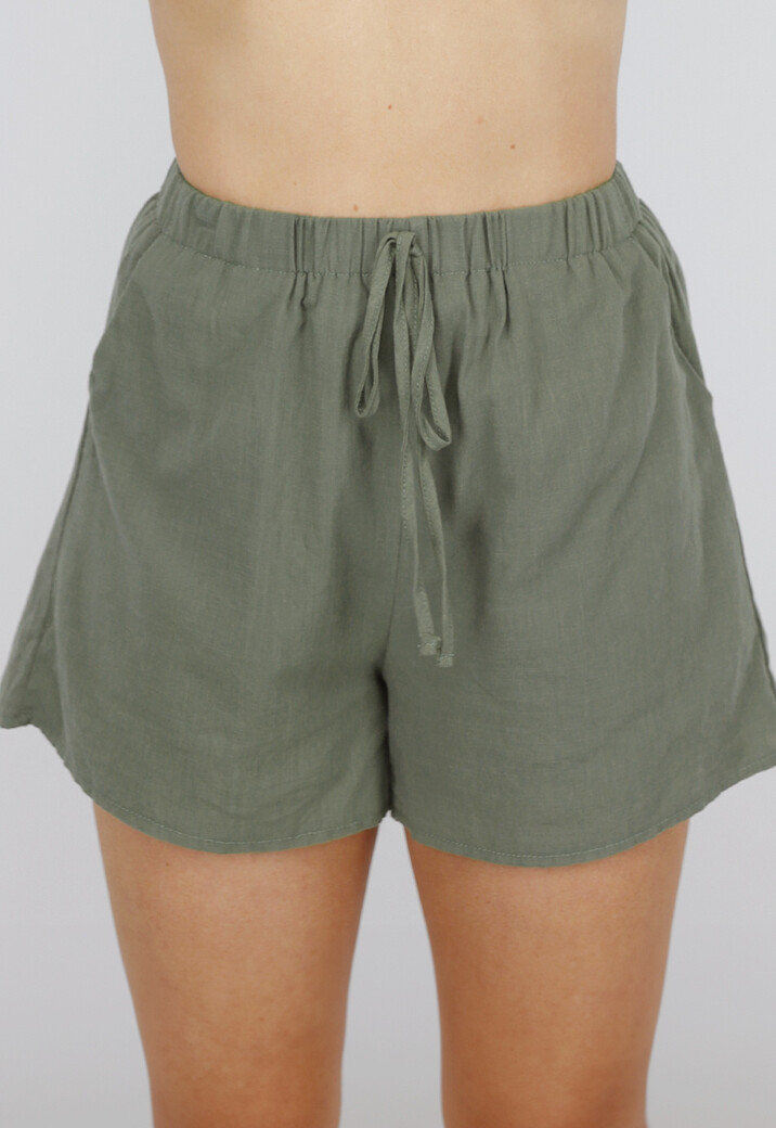 Katoenen Khaki Tweedelige Set met Dubbele Strik en Short