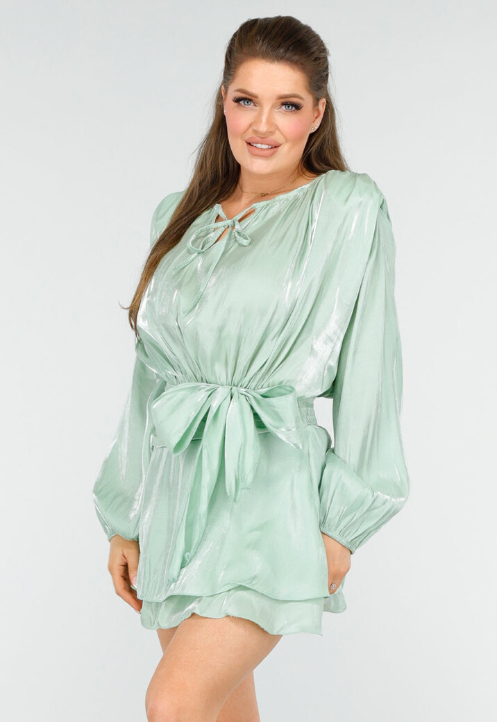 Chique Mintgroene Jurk met Strik en Pofmouwen