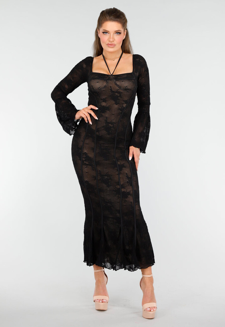 Elegante Zwarte Jurk met Fishtail Effect van Kant met Uitlopende Mouwen