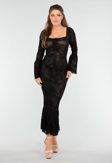 Kanten Zwarte Jurk met Fishtail Effect