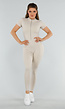 Beige Sport Jumpsuit met Korte Mouwen en Rits