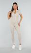 Beige Sport Jumpsuit met Korte Mouwen en Rits