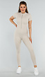 Beige Sport Jumpsuit met Korte Mouwen en Rits