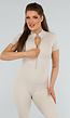 Beige Sport Jumpsuit met Korte Mouwen en Rits