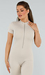 Beige Sport Jumpsuit met Korte Mouwen en Rits
