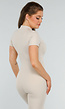 Beige Sport Jumpsuit met Korte Mouwen en Rits