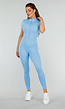 Blauw Kleurige Sport Jumpsuit met Korte Mouwen en Rits