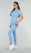 Blauw Kleurige Sport Jumpsuit met Korte Mouwen en Rits