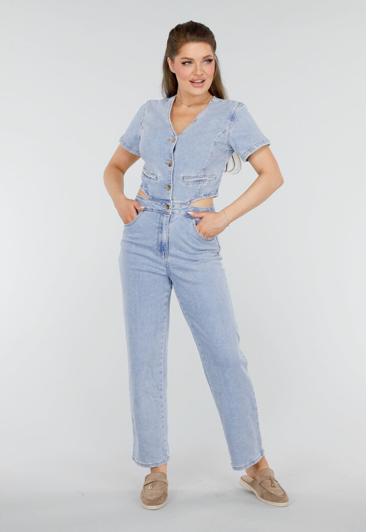 Denim Jumpsuit met Cut-outs, Korte Mouwen  en Knopen