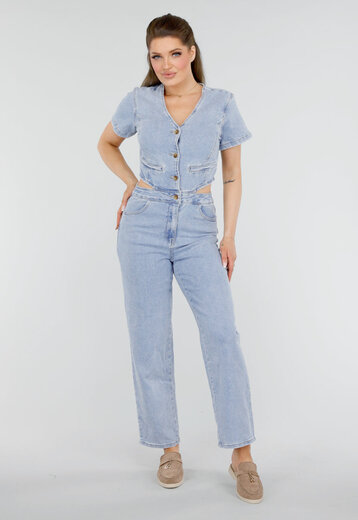 Redial Jeans  Petite Denim Jumpsuit met Cut-outs en Knopen