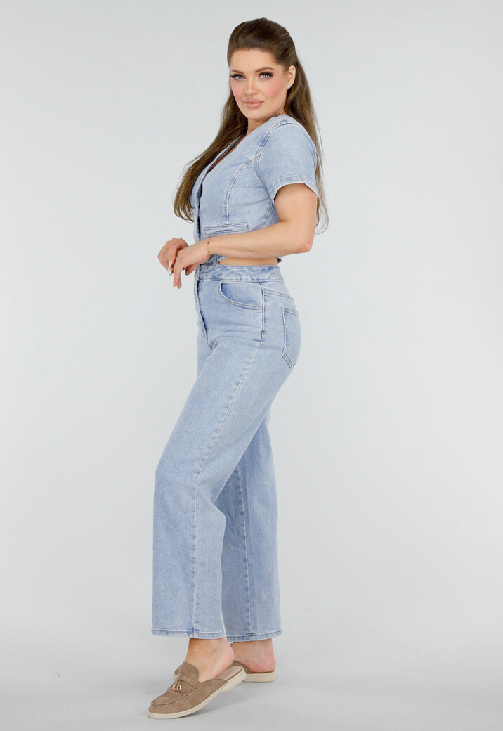 Denim Jumpsuit met Cut-outs, Korte Mouwen  en Knopen