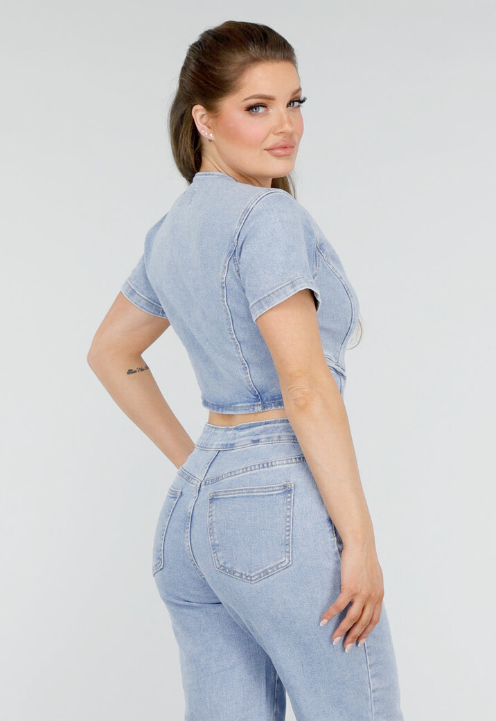 Denim Jumpsuit met Cut-outs, Korte Mouwen  en Knopen