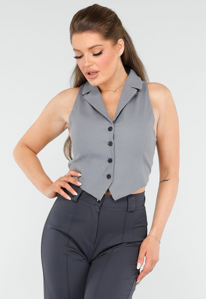 Getailleerd Grijs Gilet met Knopen en Strik Achterkant
