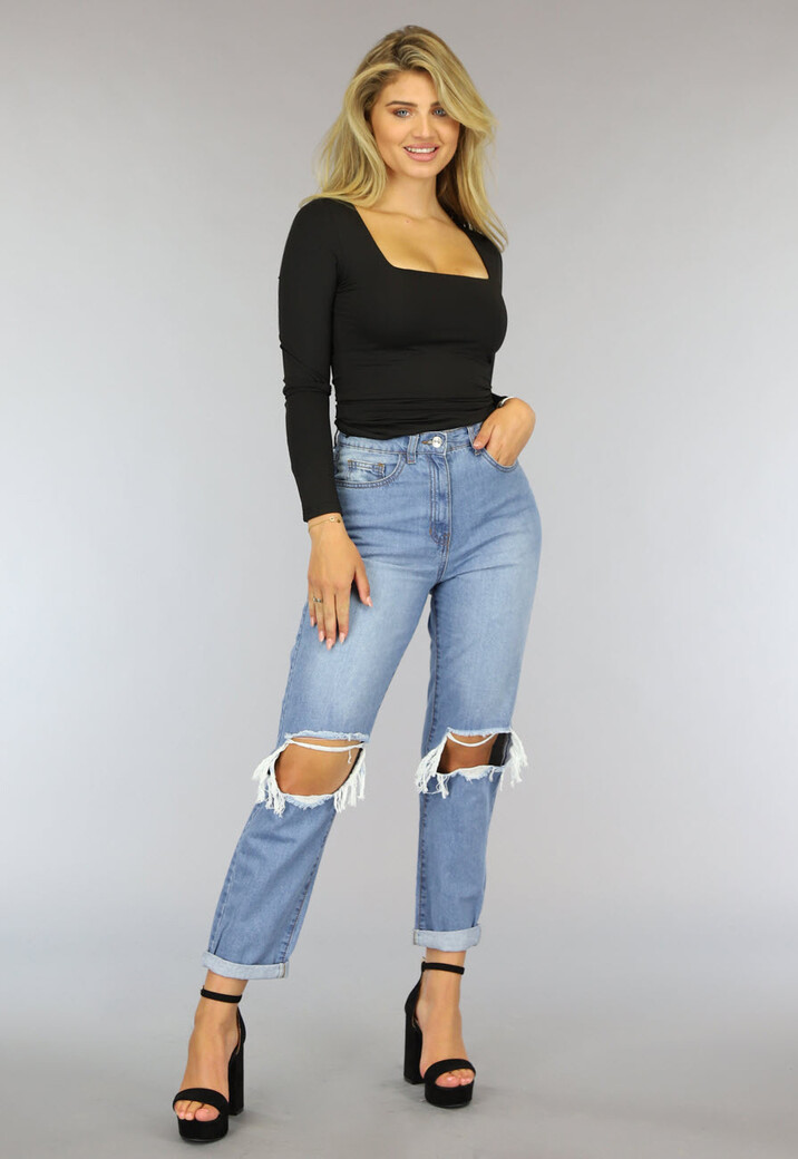 Zwarte Longsleeve Top met Vierkante Hals