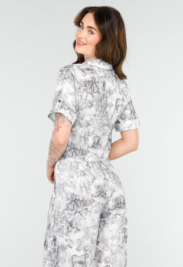 Stijlvolle Set in Zwart-Wit Print met Oversized Blouse  en Lange Straight Leg Broek
