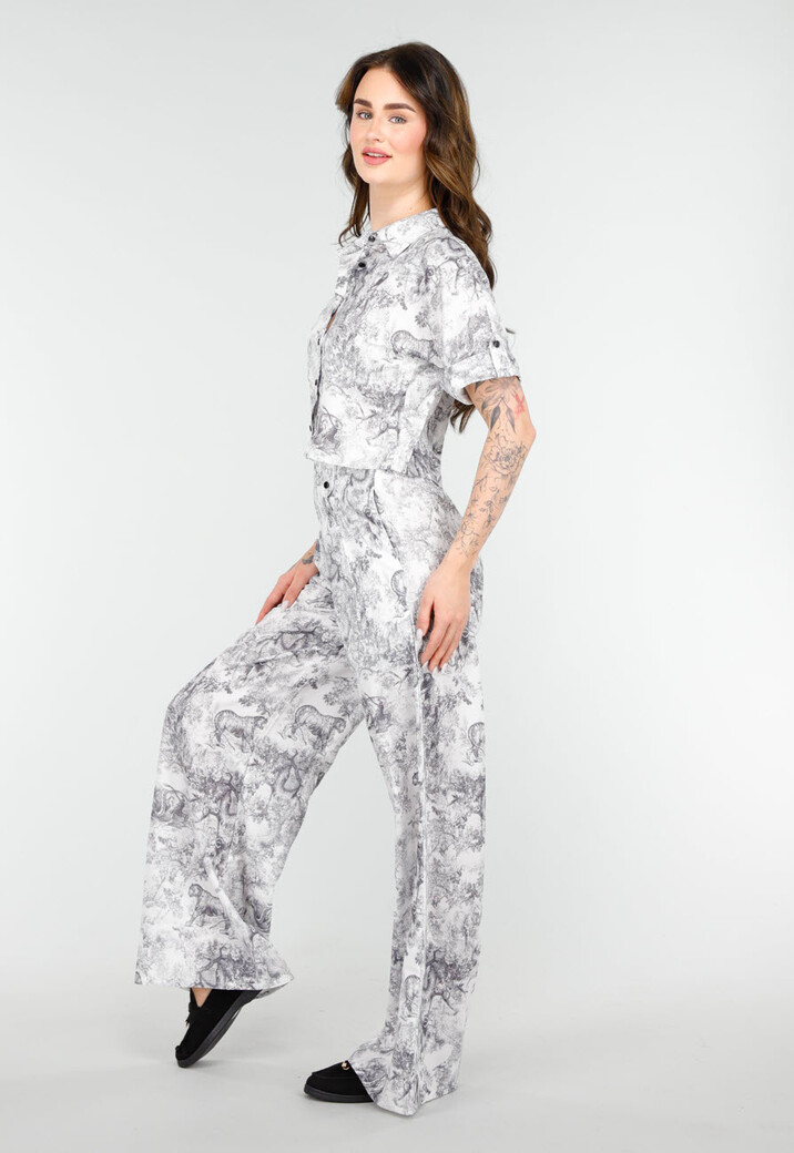 Stijlvolle Set in Zwart-Wit Print met Oversized Blouse  en Lange Straight Leg Broek