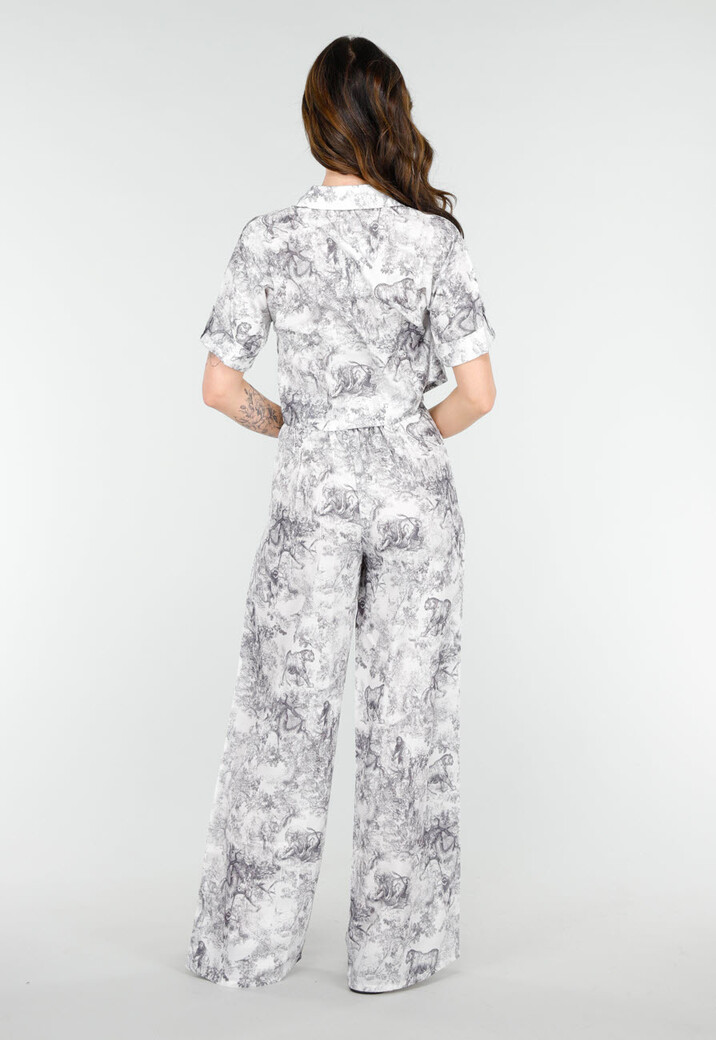 Stijlvolle Set in Zwart-Wit Print met Oversized Blouse  en Lange Straight Leg Broek