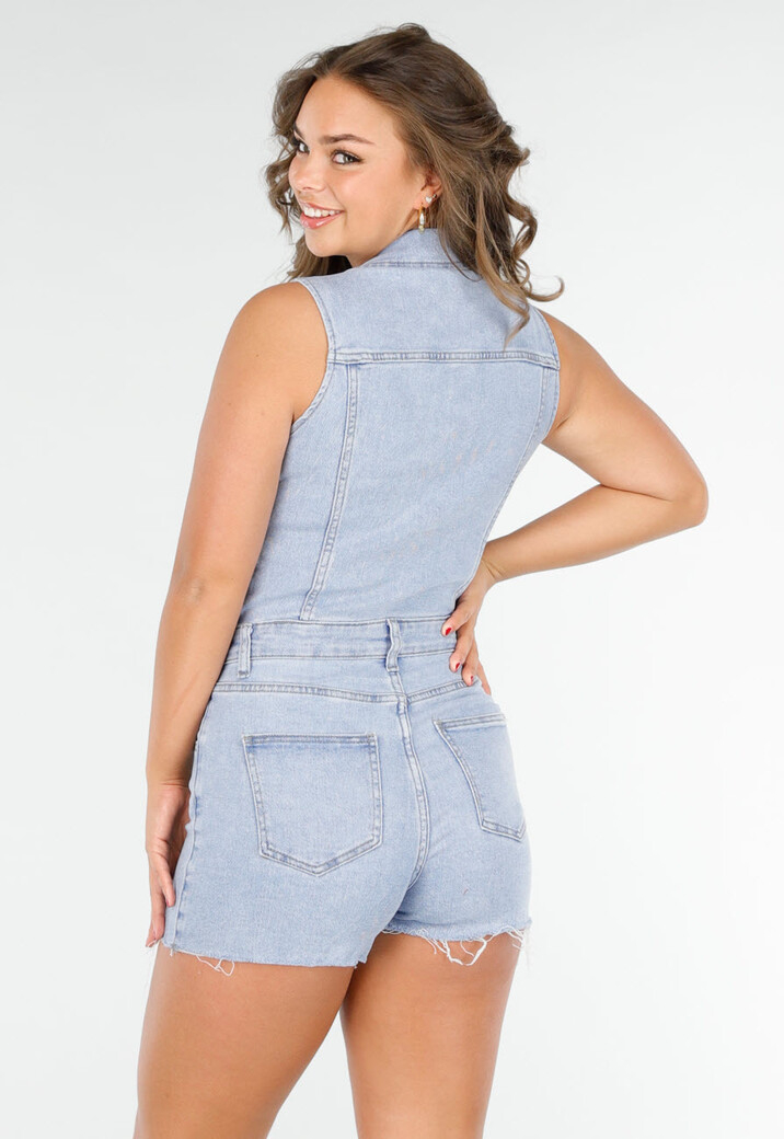 Lichtblauwe Denim Playsuit met Knopen en Korte broek