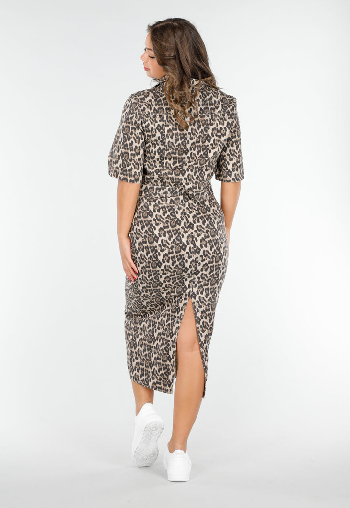 Beige Stretch Luipaardprint Two-piece met Rok en Cropped Blouse