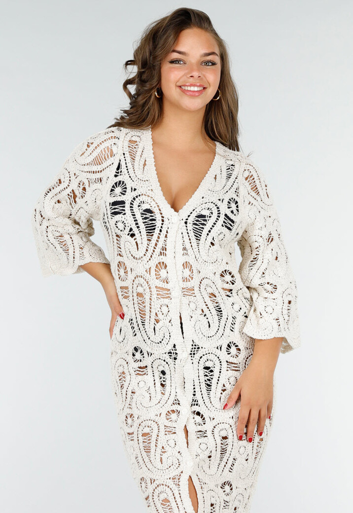 Beige Gehaakte Cover-up Jurk Vest met V-Hals en Lange Mouwen