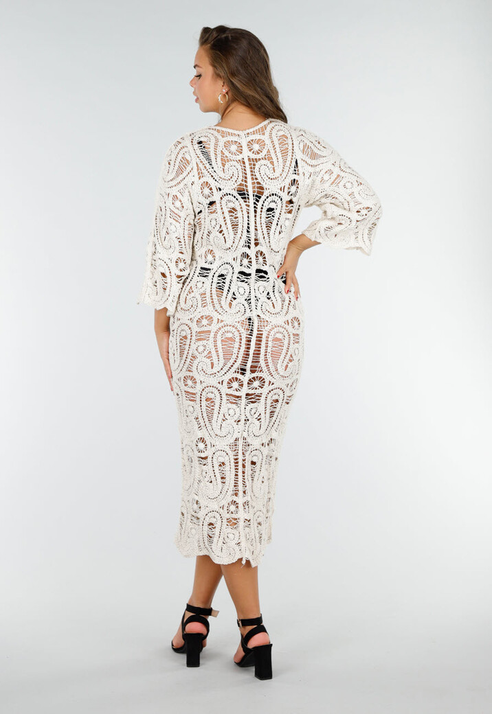 Beige Gehaakte Cover-up Jurk Vest met V-Hals en Lange Mouwen