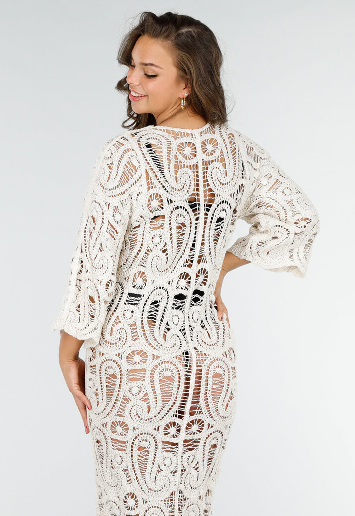 Beige Gehaakte Cover-up Jurk Vest met V-Hals en Lange Mouwen
