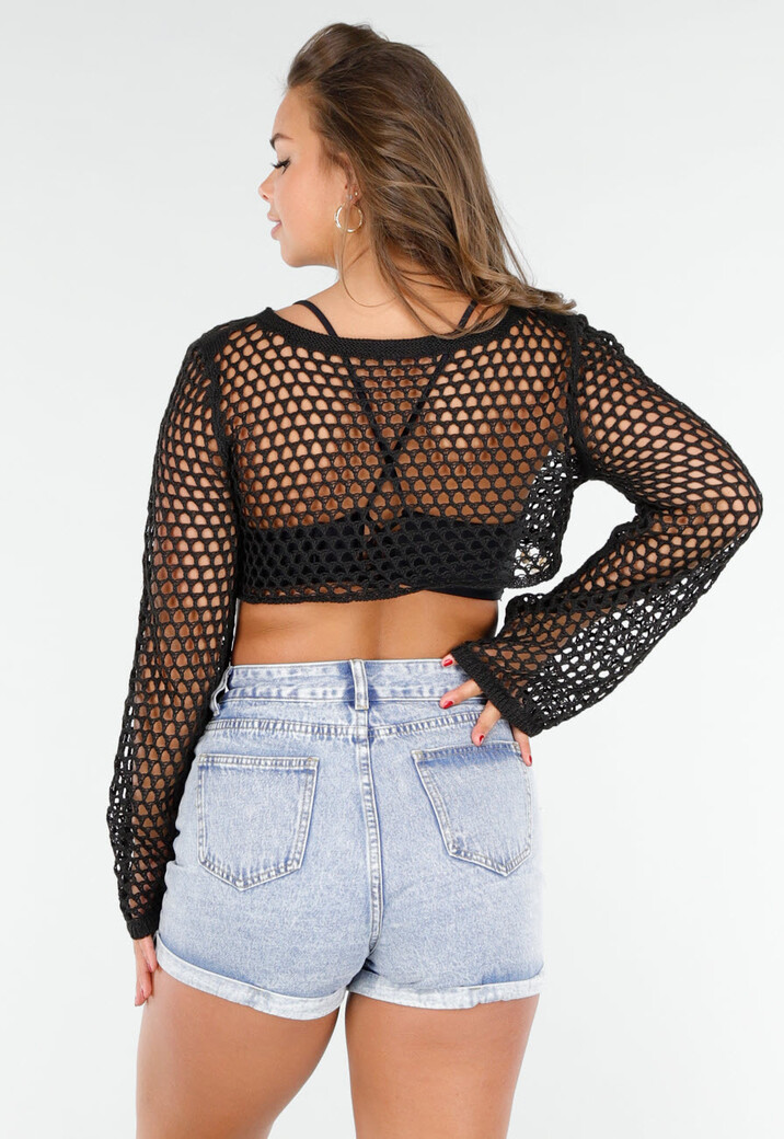 Zwarte Fishnet Top met Lange Mouwen en Schelpen