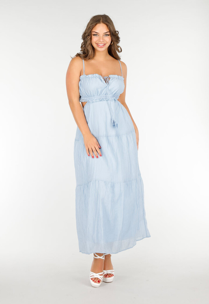 Lichtblauwe Maxi Jurk met Spaghettibandjes en Rimpeldetails
