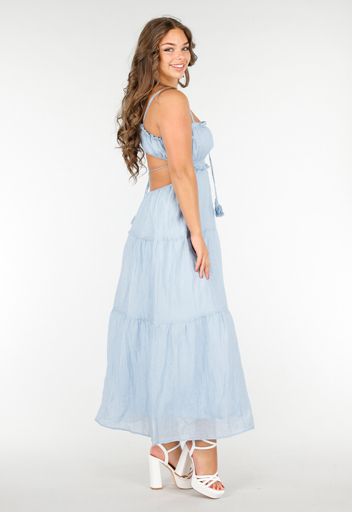 Lichtblauwe Maxi Jurk met Spaghettibandjes en Rimpeldetails