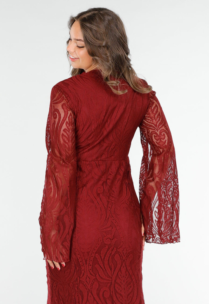 Rode Lange Jurk van Kant met Hoge Split