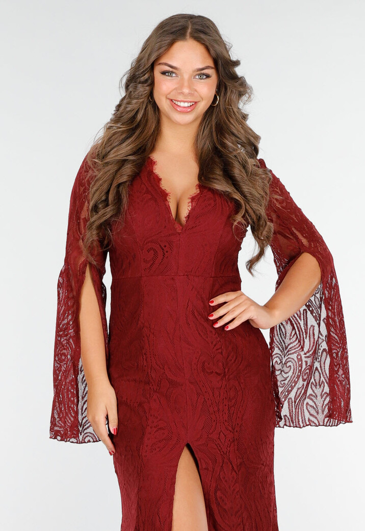 Rode Lange Jurk van Kant met Hoge Split