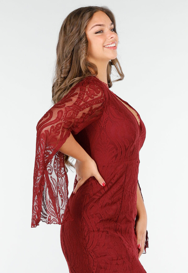 Rode Lange Jurk van Kant met Hoge Split