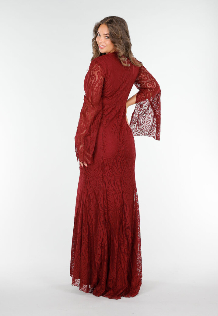 Rode Lange Jurk van Kant met Hoge Split