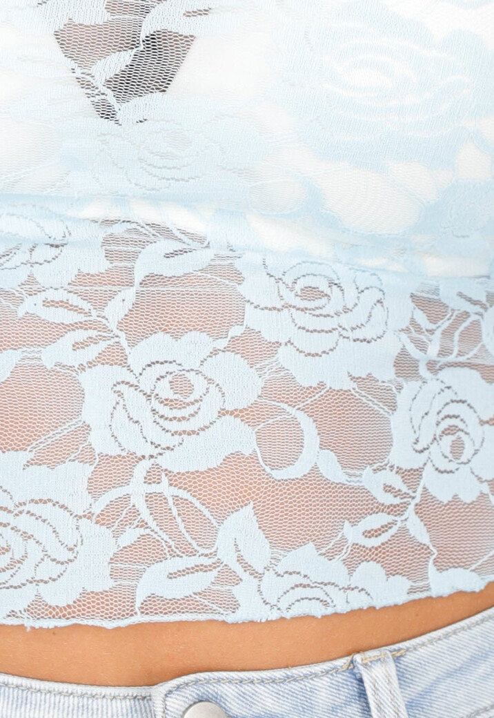 Lichtblauwe Kanten Langsleeve Crop Top met Mooie Rozenprint