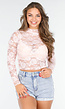 Lichtroze Kanten Langsleeve Crop Top met Mooie Rozenprint