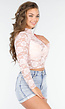 Lichtroze Kanten Langsleeve Crop Top met Mooie Rozenprint