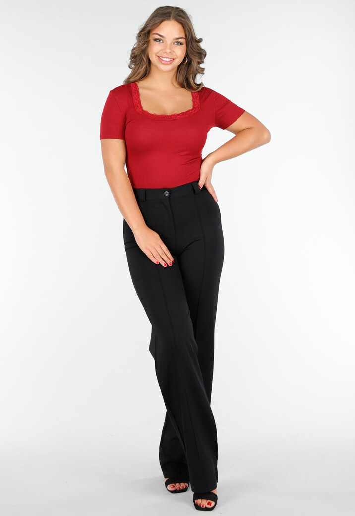 Bordeauxrood Aansluitend T-Shirt met Vierkante Hals en Kant