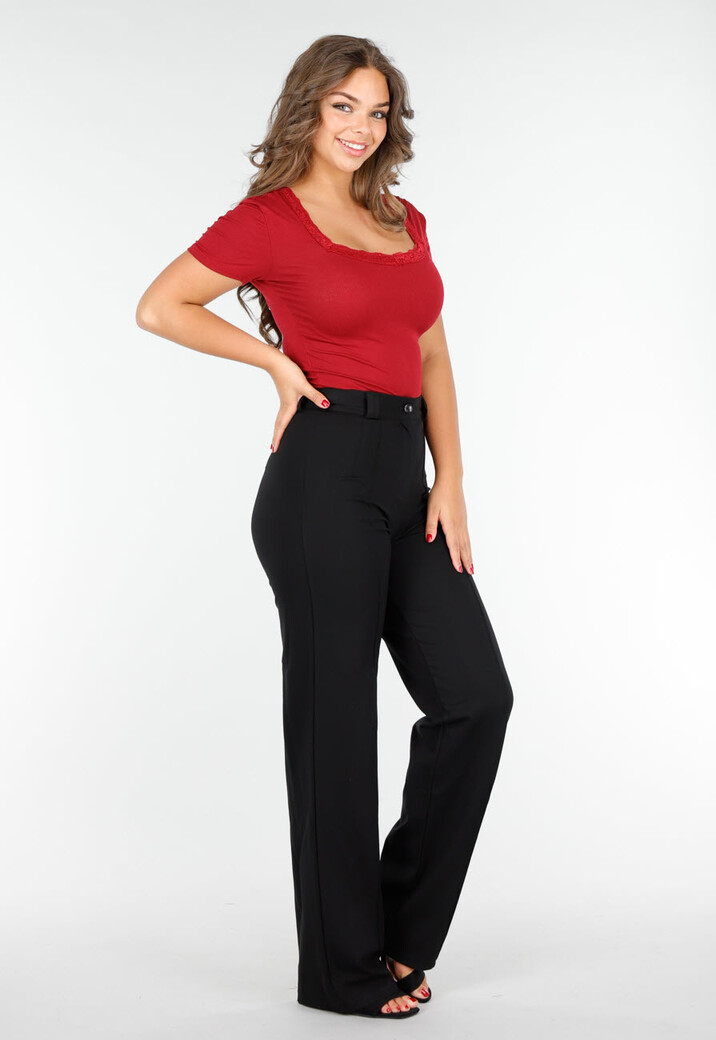 Bordeauxrood Aansluitend T-Shirt met Vierkante Hals en Kant