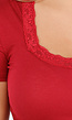 Bordeauxrood Aansluitend T-Shirt met Vierkante Hals en Kant