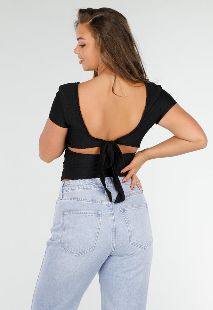 Zwarte Korte Top met Vierkante Halslijn en Strik op de Rug