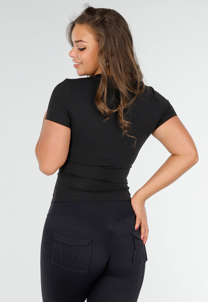 Zwart Korte Mouwen Sporttop voor Vrouwen met Comfortabele Fit