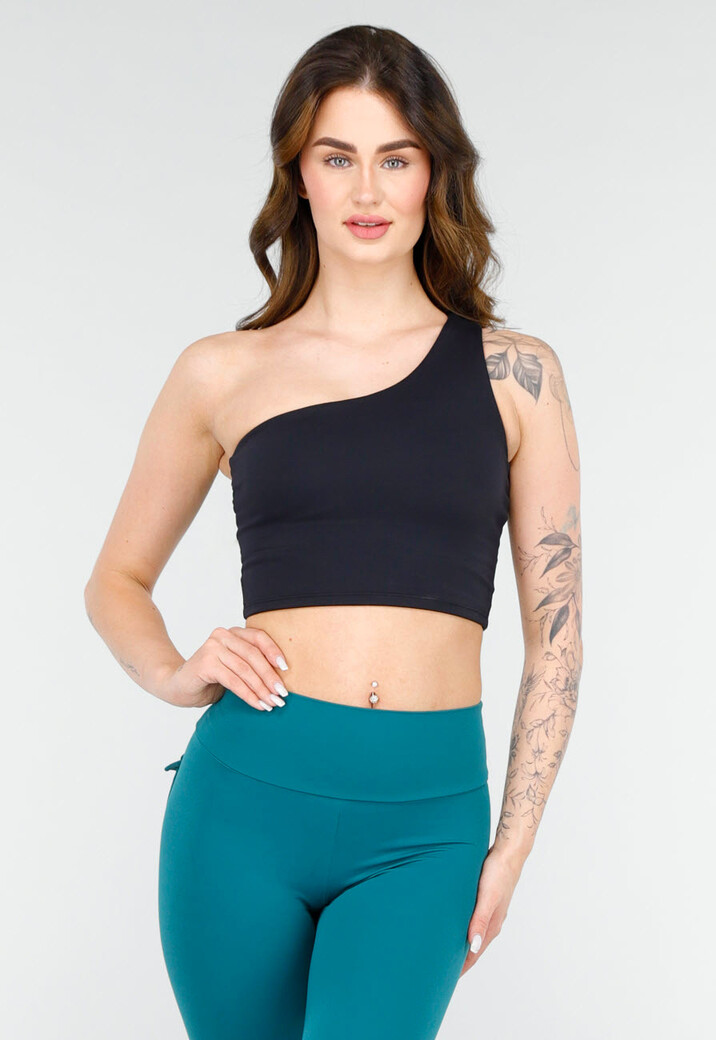 One Shoulder Zwart Sporttop met Pads en Open Cut-out Rug en Strakke Pasvorm