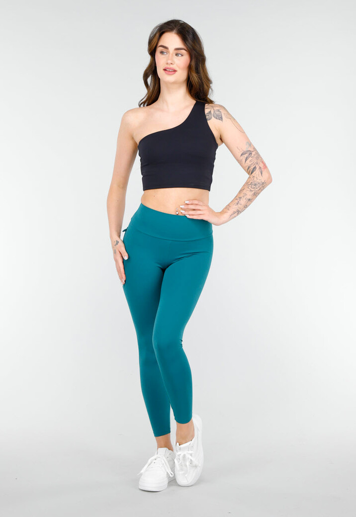 One Shoulder Zwart Sporttop met Pads en Open Cut-out Rug en Strakke Pasvorm