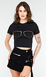 Zwarte Crop Top met Rits Details en Korte Mouwen