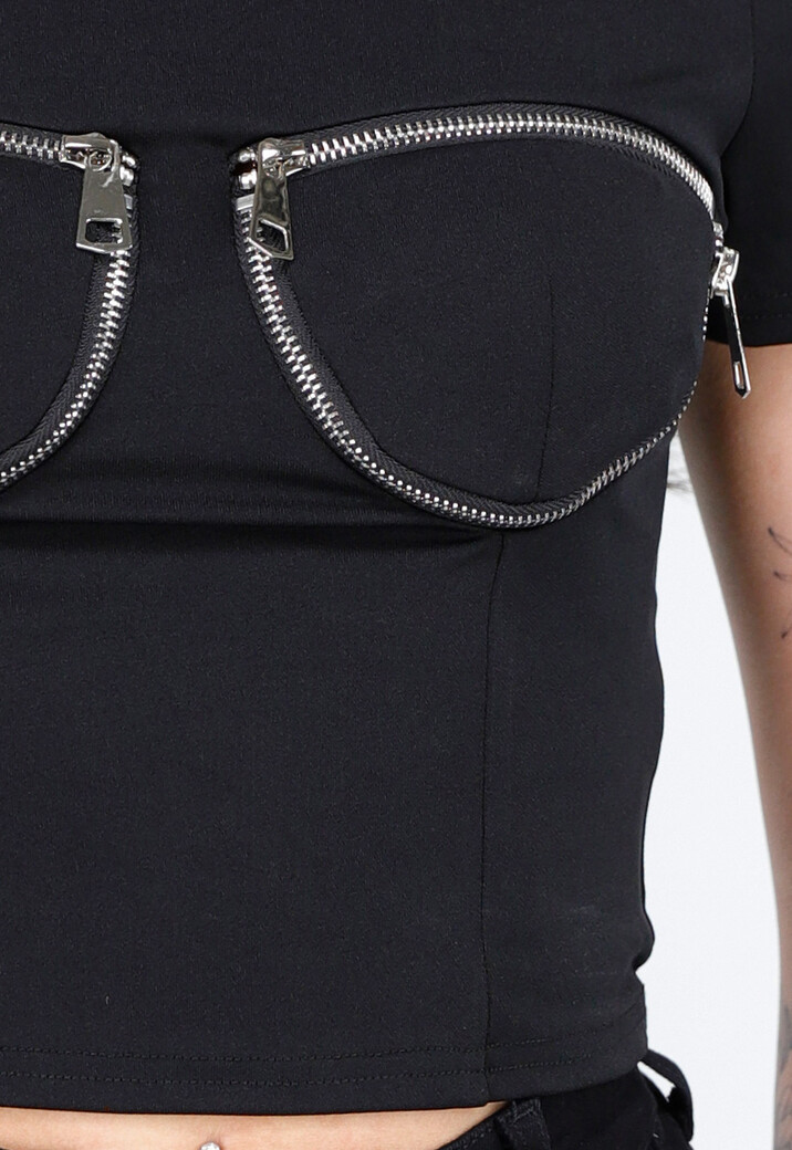 Zwarte Crop Top met Rits Details en Korte Mouwen