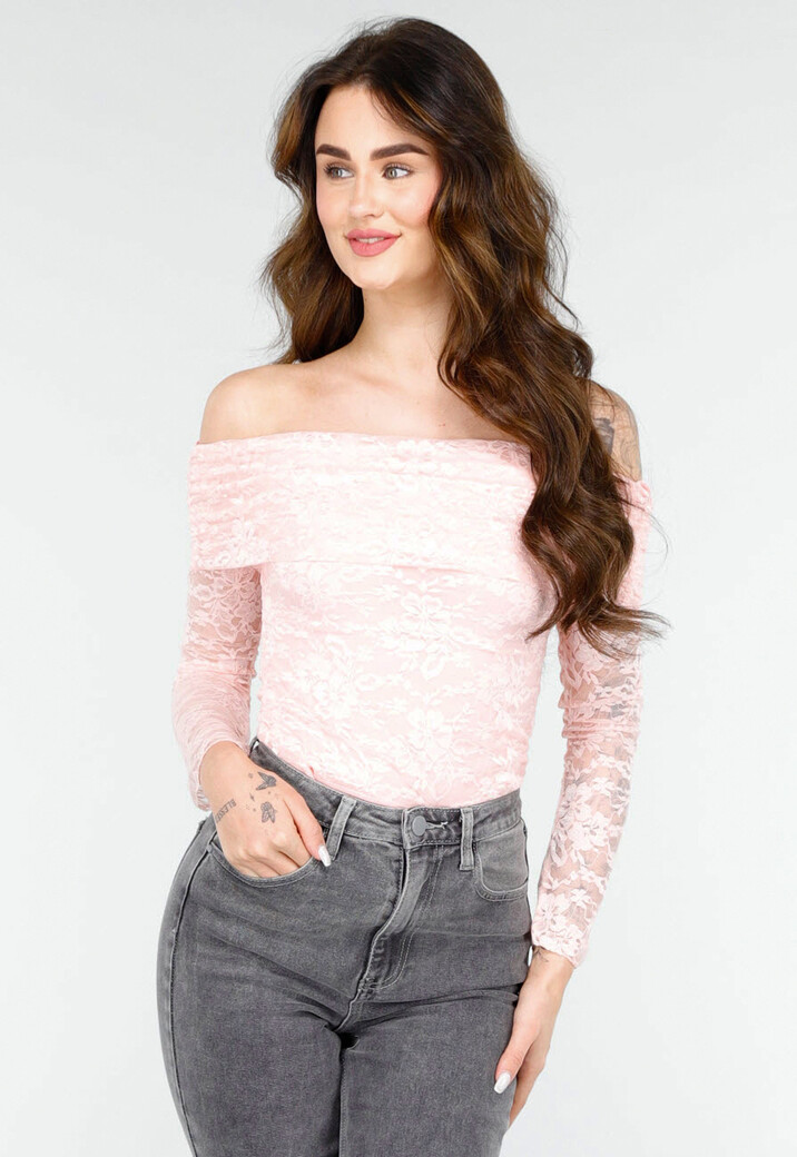 Stijlvolle Roze Off-Shoulder Lace Body met Lange Mouwen