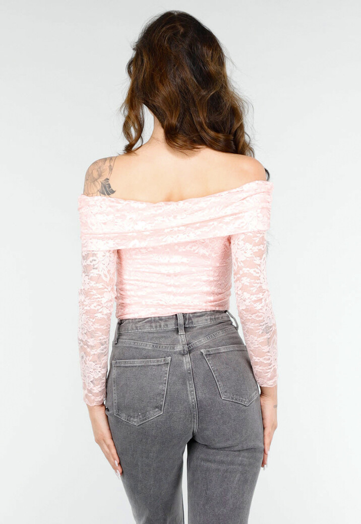 Stijlvolle Roze Off-Shoulder Lace Body met Lange Mouwen