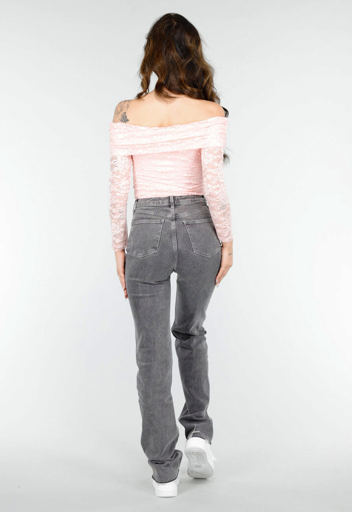 Stijlvolle Roze Off-Shoulder Lace Body met Lange Mouwen